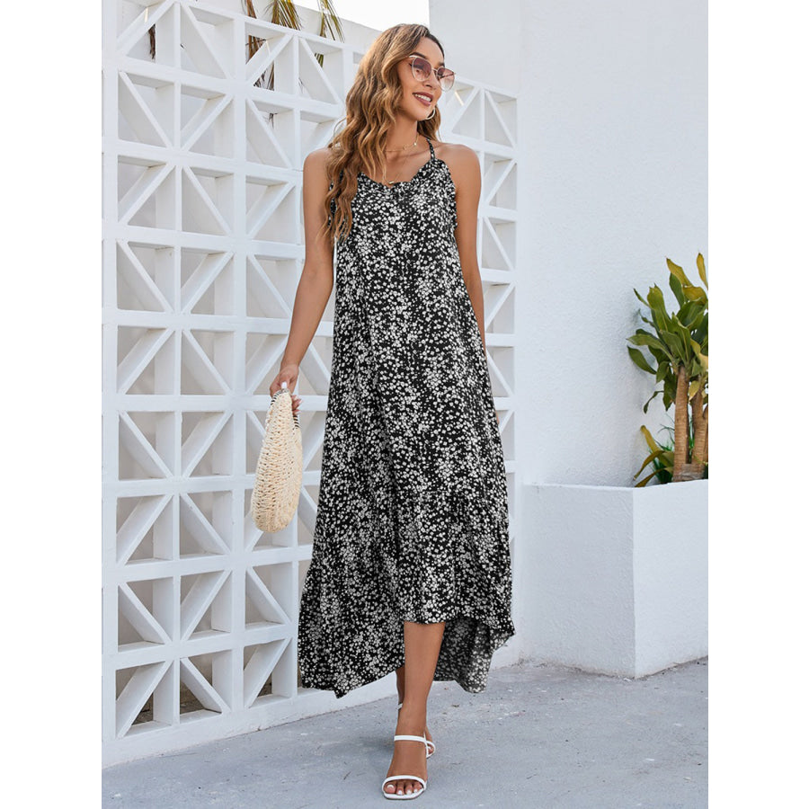 Ditsy Floral Scoop Neck Midi Cami Dress Black / S Apparel and Accessories