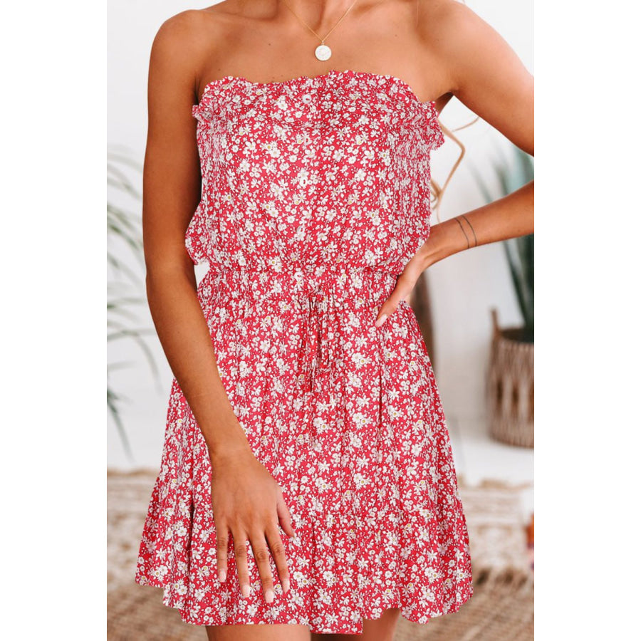 Ditsy Floral Strapless Mini Dress Deep Red / S Apparel and Accessories
