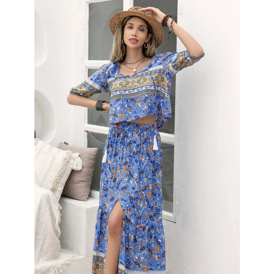 Ditsy Floral Tie Neck Top and Slit Skirt Set Apparel Accessories