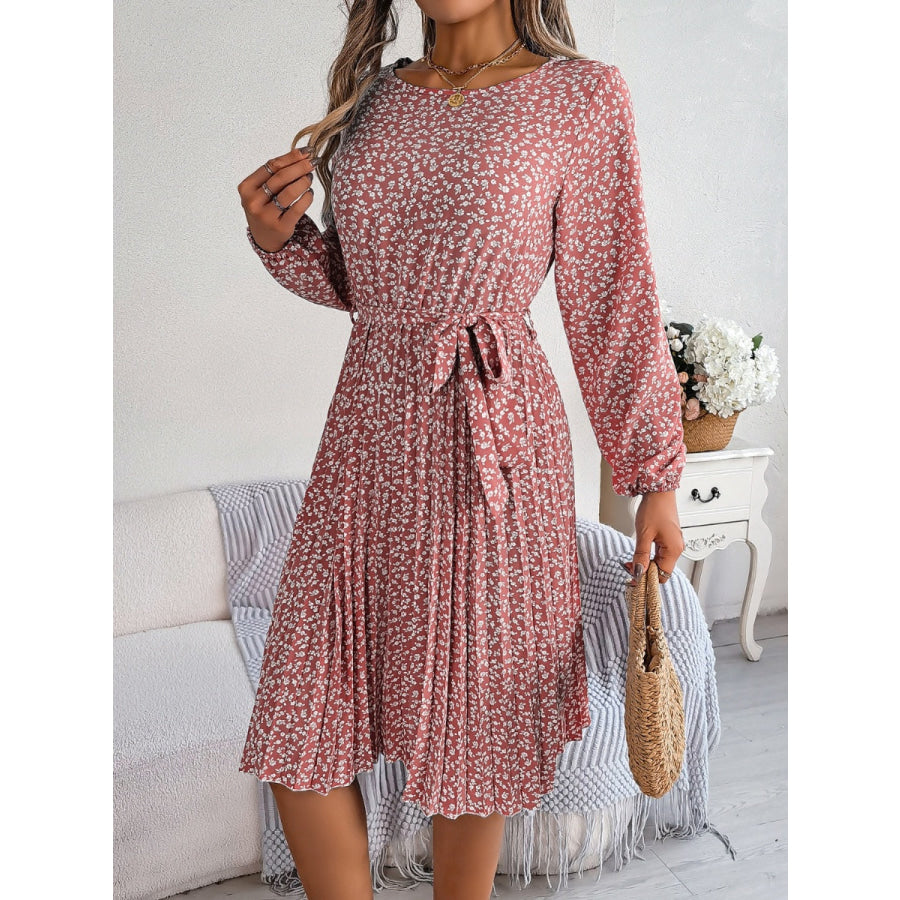 Ditsy Floral Tie Waist Pleated Dress Apparel and Accessories