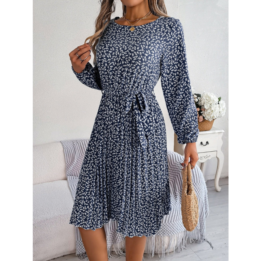 Ditsy Floral Tie Waist Pleated Dress Apparel and Accessories