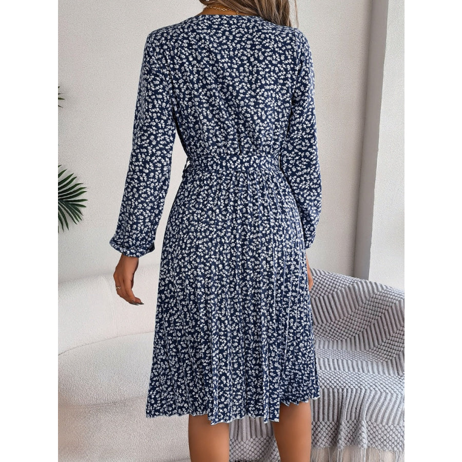 Ditsy Floral Tie Waist Pleated Dress Apparel and Accessories