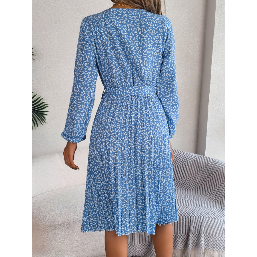 Ditsy Floral Tie Waist Pleated Dress Misty Blue / S Apparel and Accessories