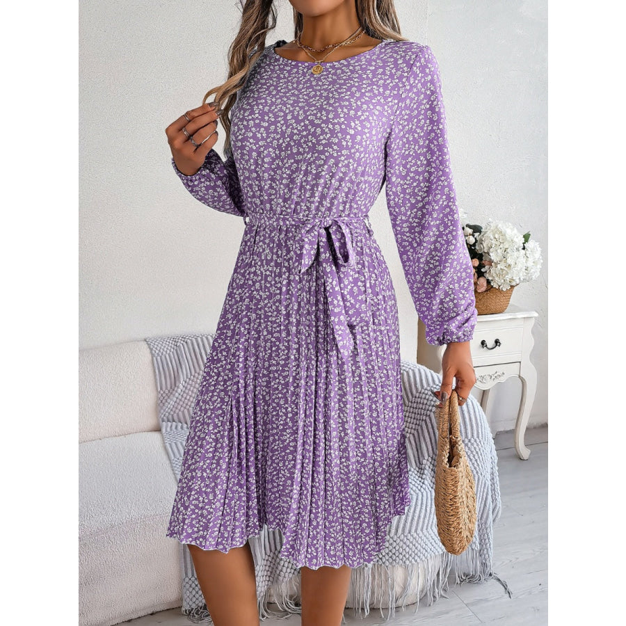 Ditsy Floral Tie Waist Pleated Dress Apparel and Accessories