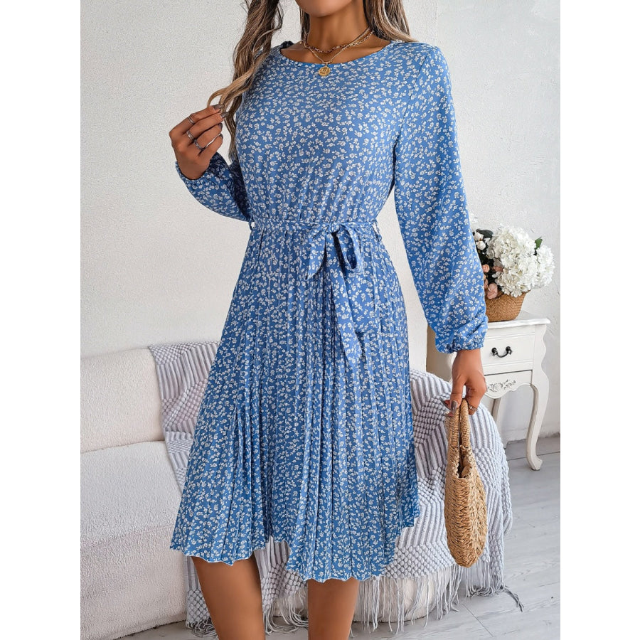 Ditsy Floral Tie Waist Pleated Dress Apparel and Accessories