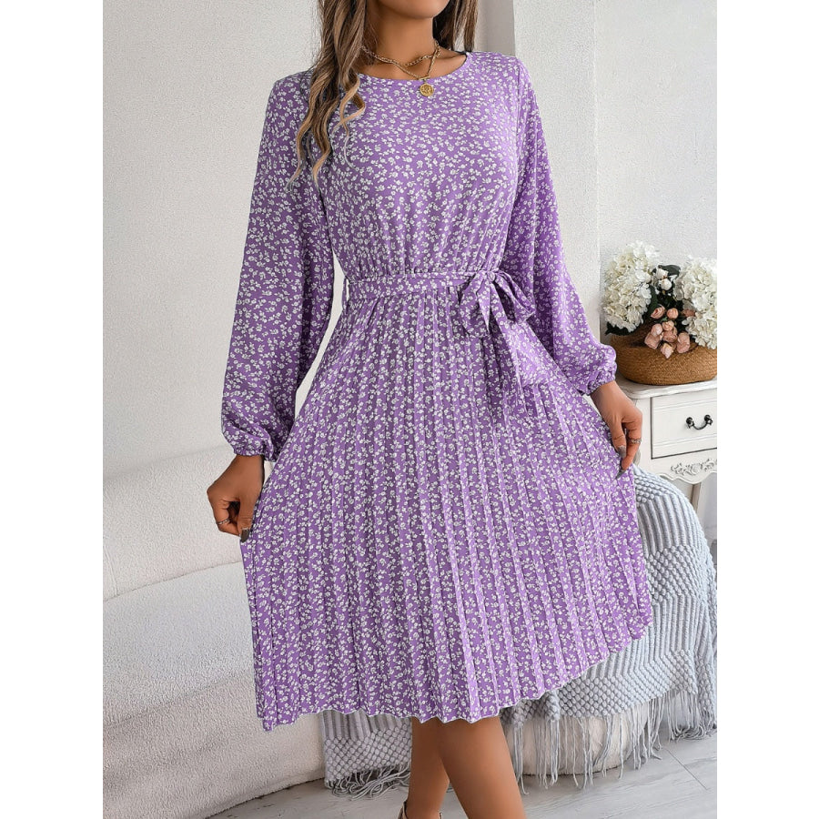 Ditsy Floral Tie Waist Pleated Dress Lavender / S Apparel and Accessories