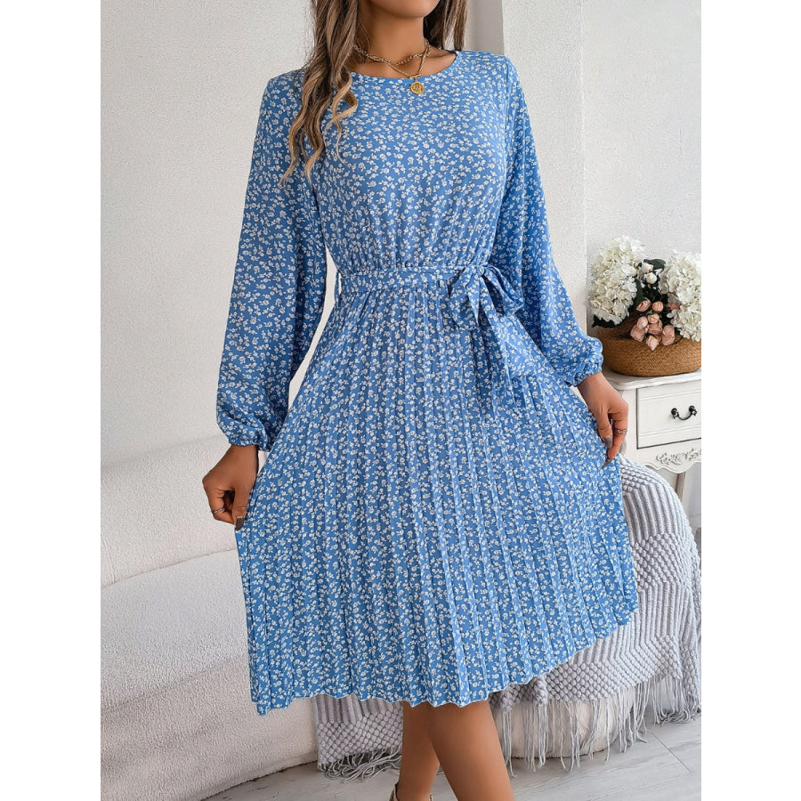 Ditsy Floral Tie Waist Pleated Dress Misty Blue / S Apparel and Accessories