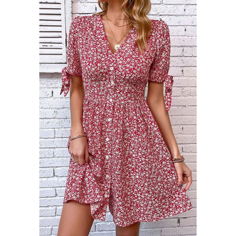 Ditsy Floral Tied Puff Sleeve Button Front Dress Deep Red / S