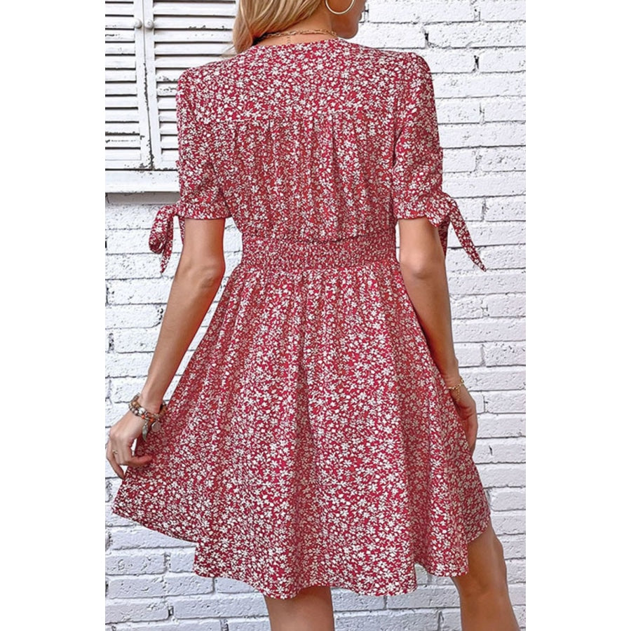 Ditsy Floral Tied Puff Sleeve Button Front Dress Deep Red / S