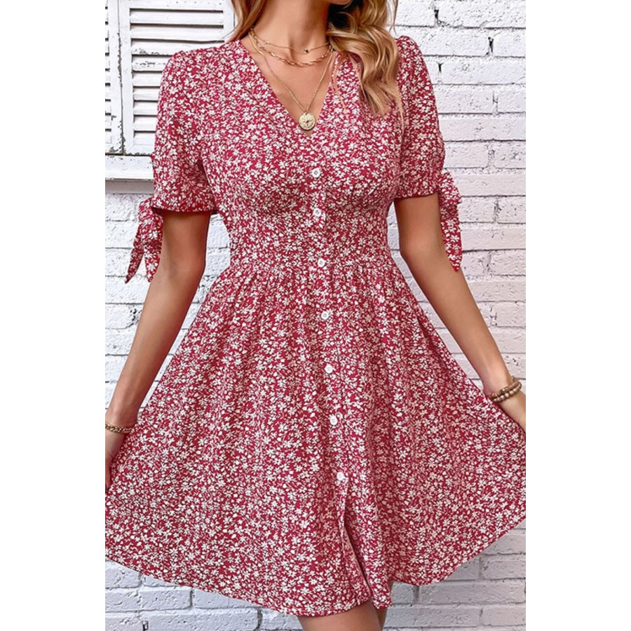 Ditsy Floral Tied Puff Sleeve Button Front Dress