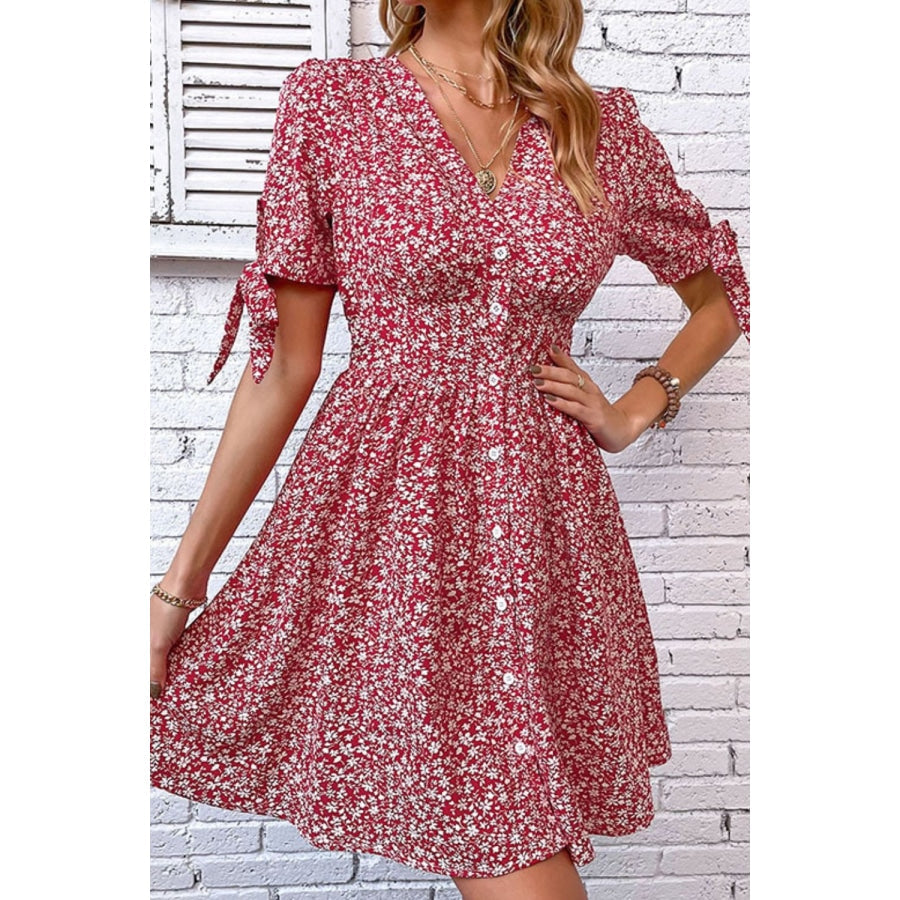 Ditsy Floral Tied Puff Sleeve Button Front Dress