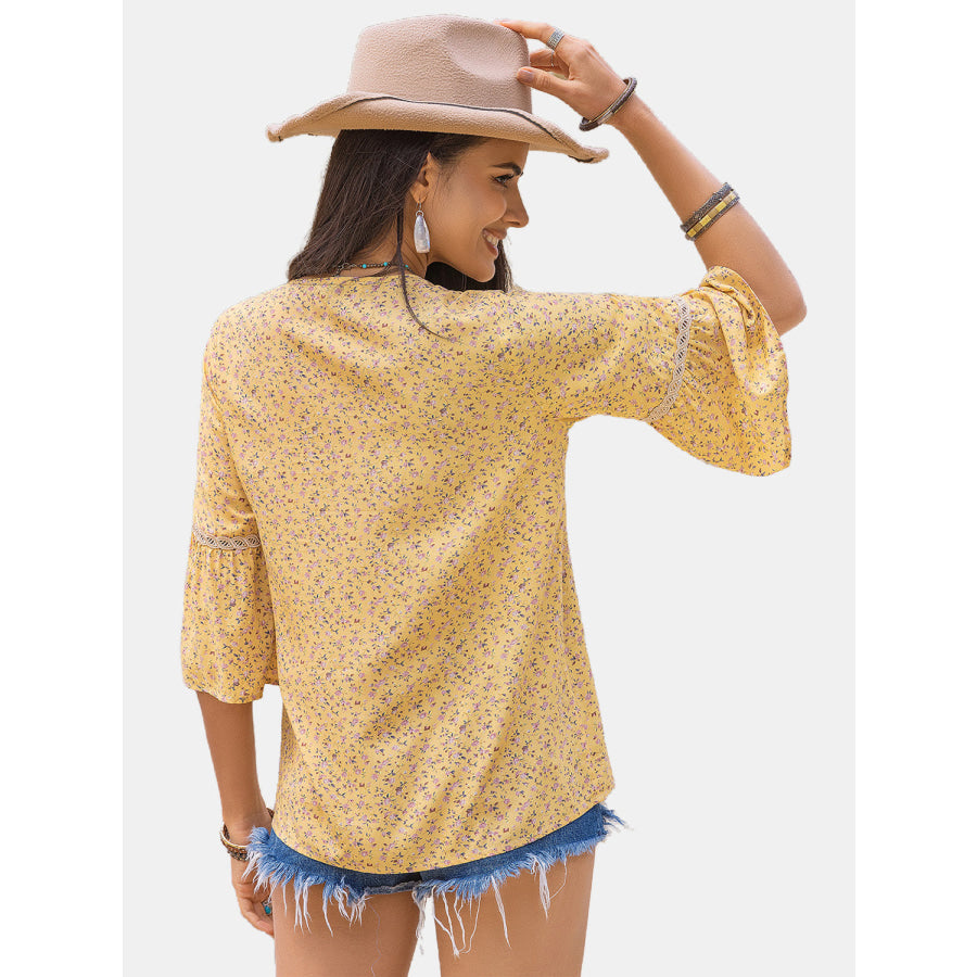 Ditsy Floral V-Neck Blouse Pastel Yellow / S Apparel and Accessories