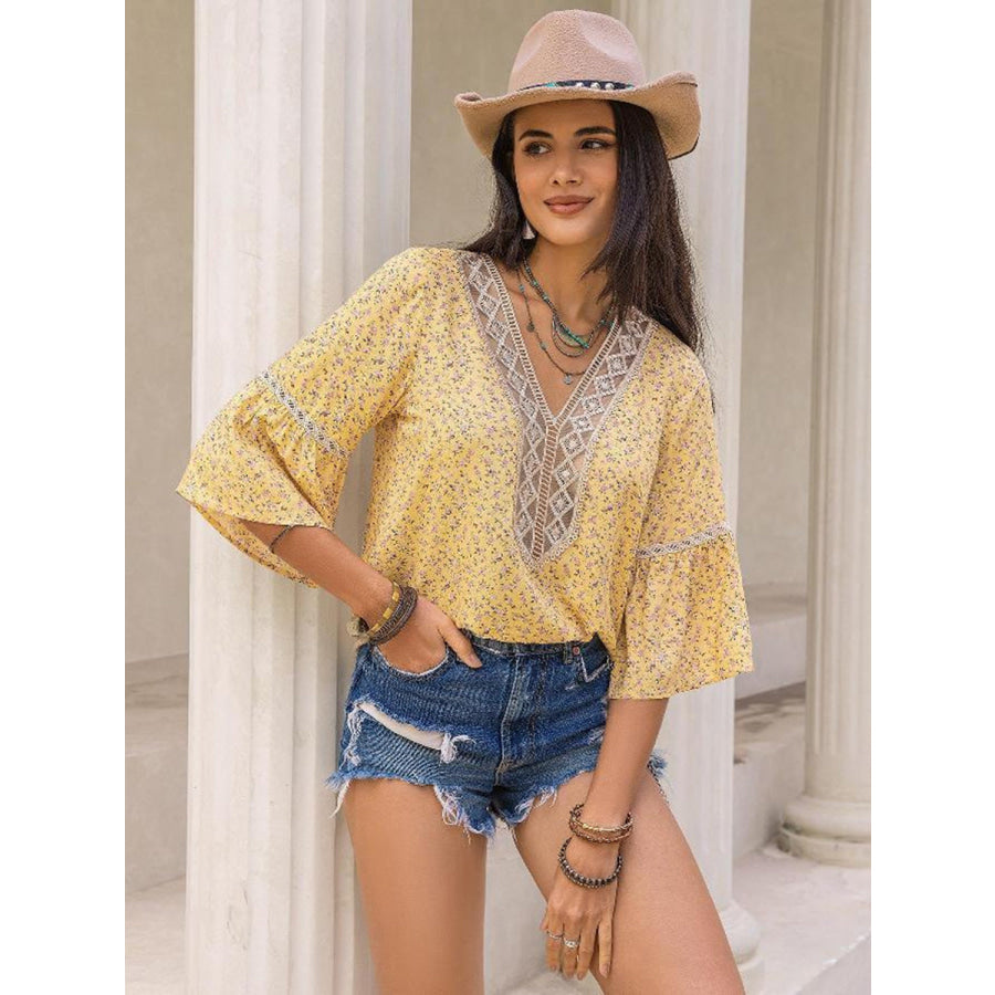 Ditsy Floral V-Neck Blouse Pastel Yellow / S Apparel and Accessories