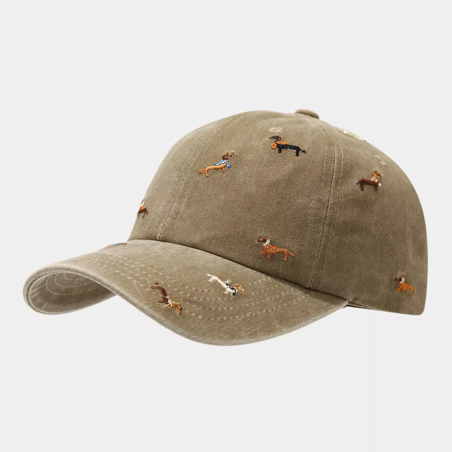 Dog Embroidered Washed Cotton Baseball Cap Khaki Color / One Size Apparel and Accessories