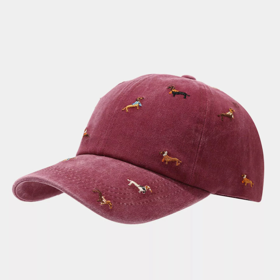 Dog Embroidered Washed Cotton Baseball Cap Wine Red / One Size Apparel and Accessories