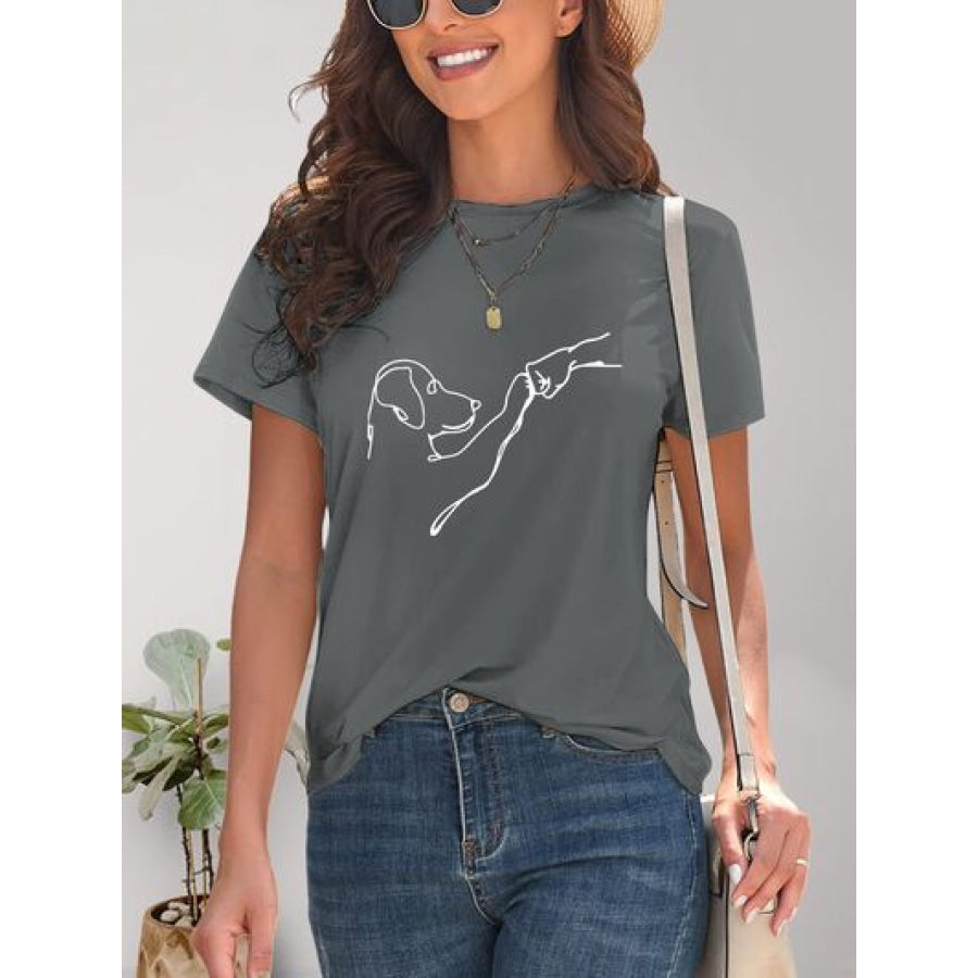 Dog Graphic Round Neck T - Shirt Charcoal / S Apparel and Accessories