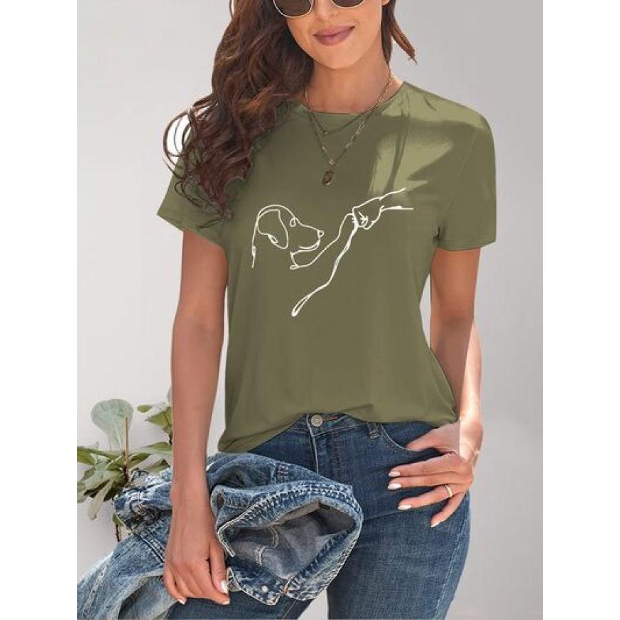Dog Graphic Round Neck T - Shirt Moss / S Apparel and Accessories