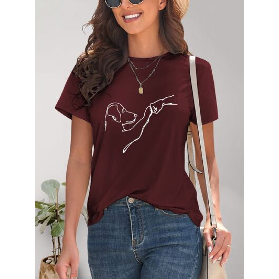 Dog Graphic Round Neck T - Shirt Wine / S Apparel and Accessories