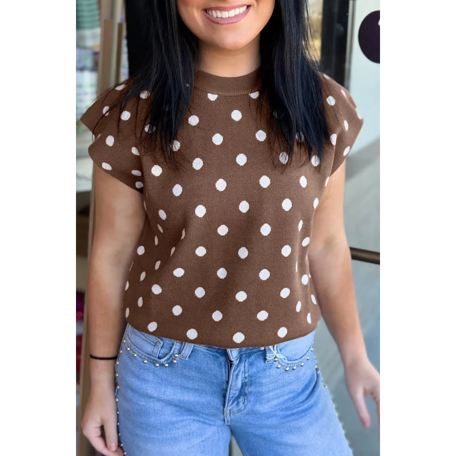 Dolman Short Sleeve Round Neck Polka Dot Sweater Dark Brown / S Apparel and Accessories
