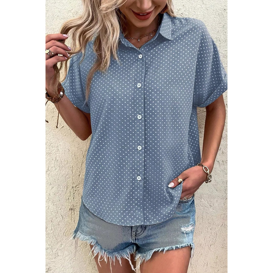 Dotted Print Cuffed Short Sleeve Shirt Apparel and Accessories