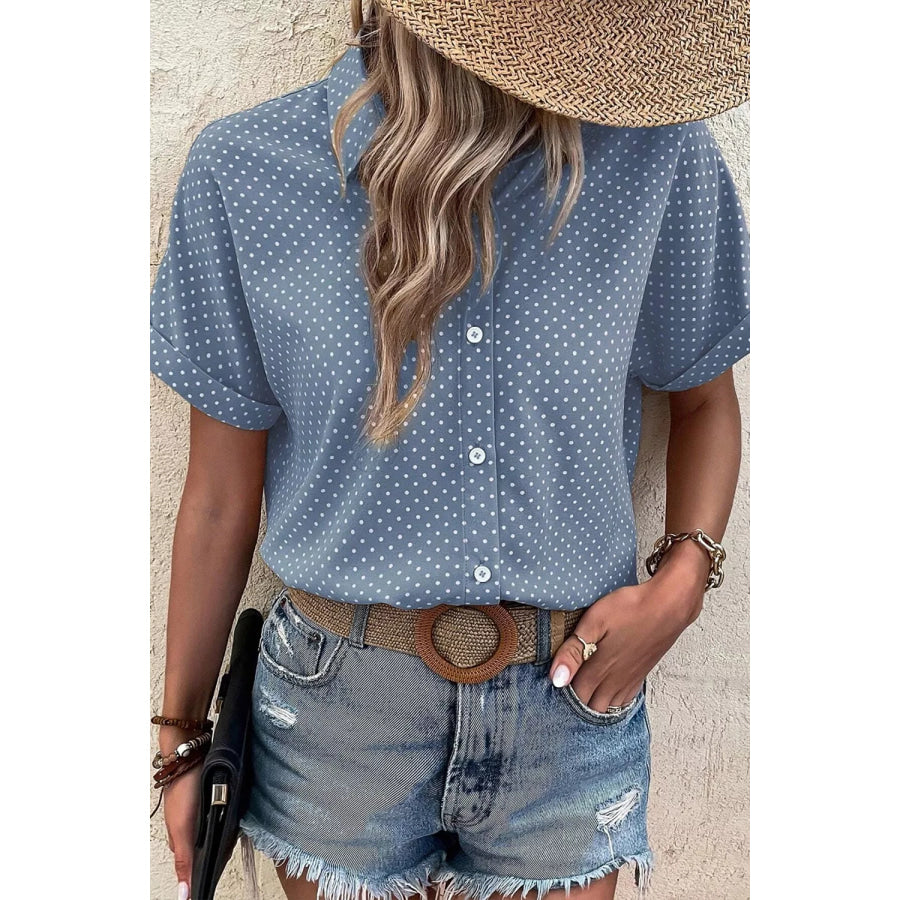 Dotted Print Cuffed Short Sleeve Shirt Apparel and Accessories