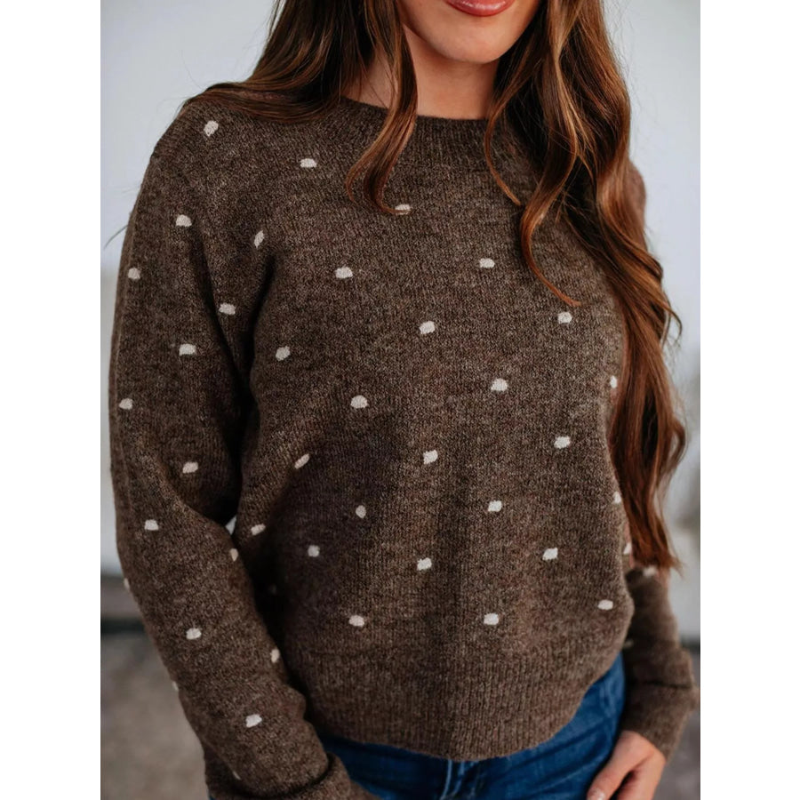 Dotted Print Ribbed Edge Knit Sweater Brown / S Apparel and Accessories