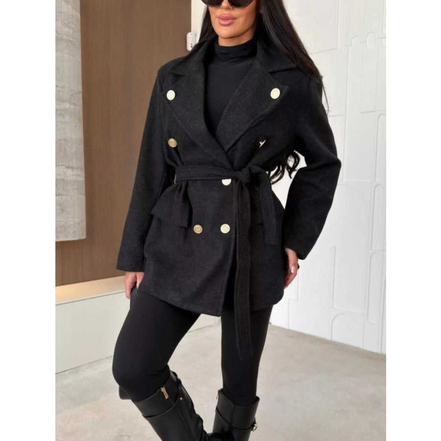 Double-Breasted Belted Wool-Blend Coat Black / S Apparel and Accessories