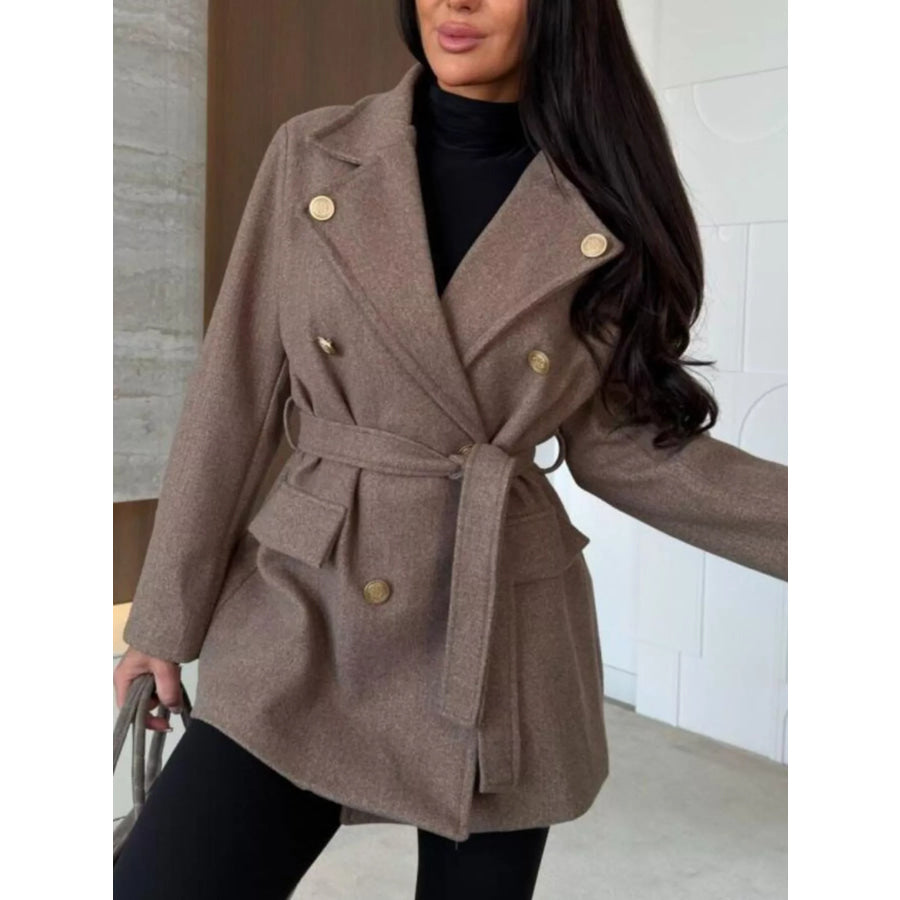 Double-Breasted Belted Wool-Blend Coat Mocha / S Apparel and Accessories