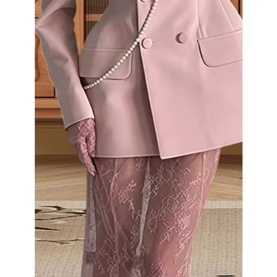 Double Breasted Blazer and Sheer Lace Skirt Set Apparel Accessories