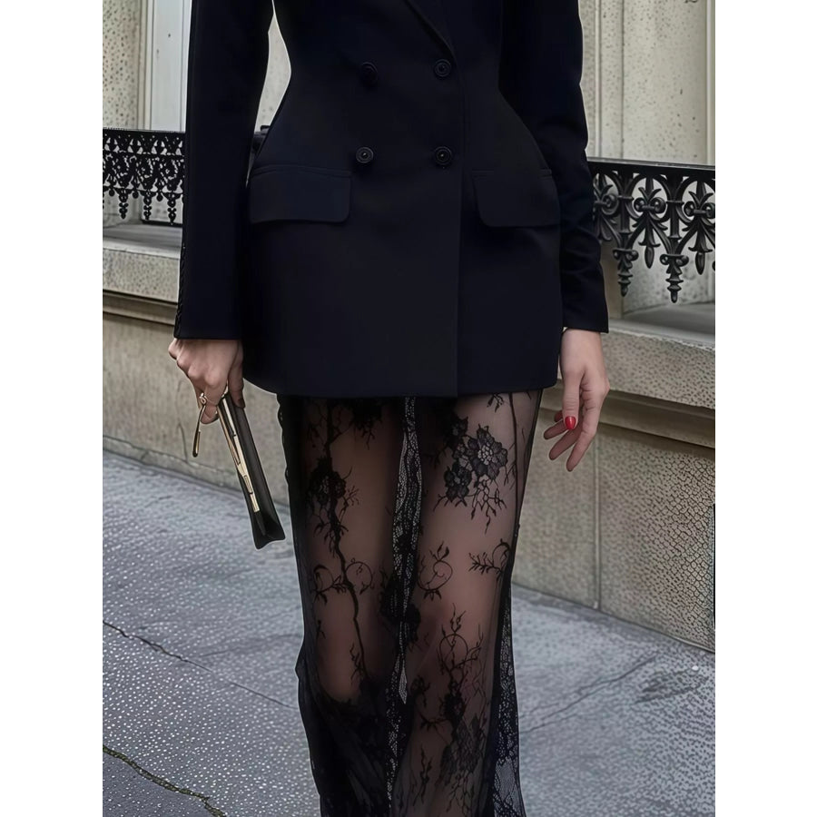 Double Breasted Blazer and Sheer Lace Skirt Set Apparel Accessories