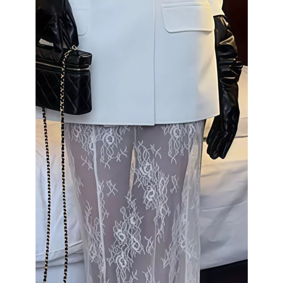 Double Breasted Blazer and Sheer Lace Skirt Set Apparel Accessories