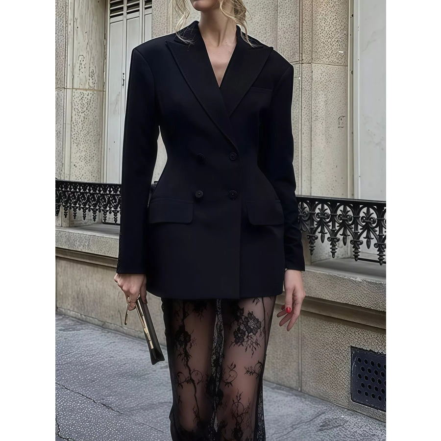 Double Breasted Blazer and Sheer Lace Skirt Set Black-Set / S Apparel Accessories