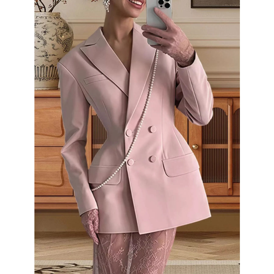 Double Breasted Blazer and Sheer Lace Skirt Set Pink-Set / S Apparel Accessories
