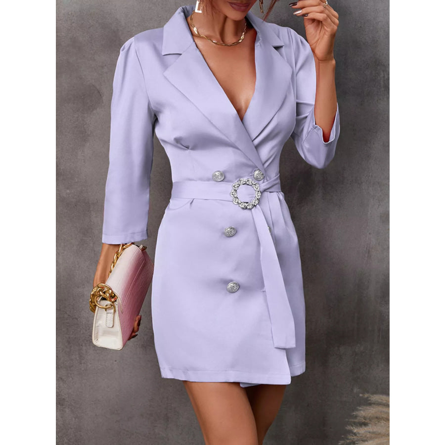 Double-Breasted Blazer Dress with Embellished Belt Pink Purple / S Apparel and Accessories