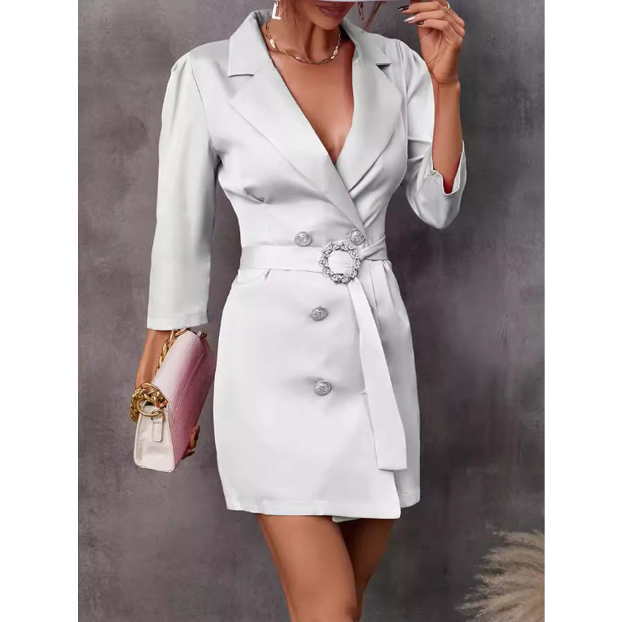 Double-Breasted Blazer Dress with Embellished Belt White / S Apparel and Accessories