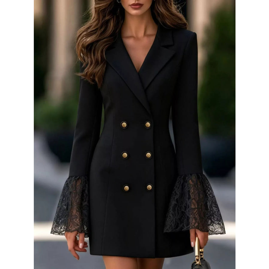 Double-Breasted Blazer Dress with Lace Flare Cuffs Black / S Apparel and Accessories