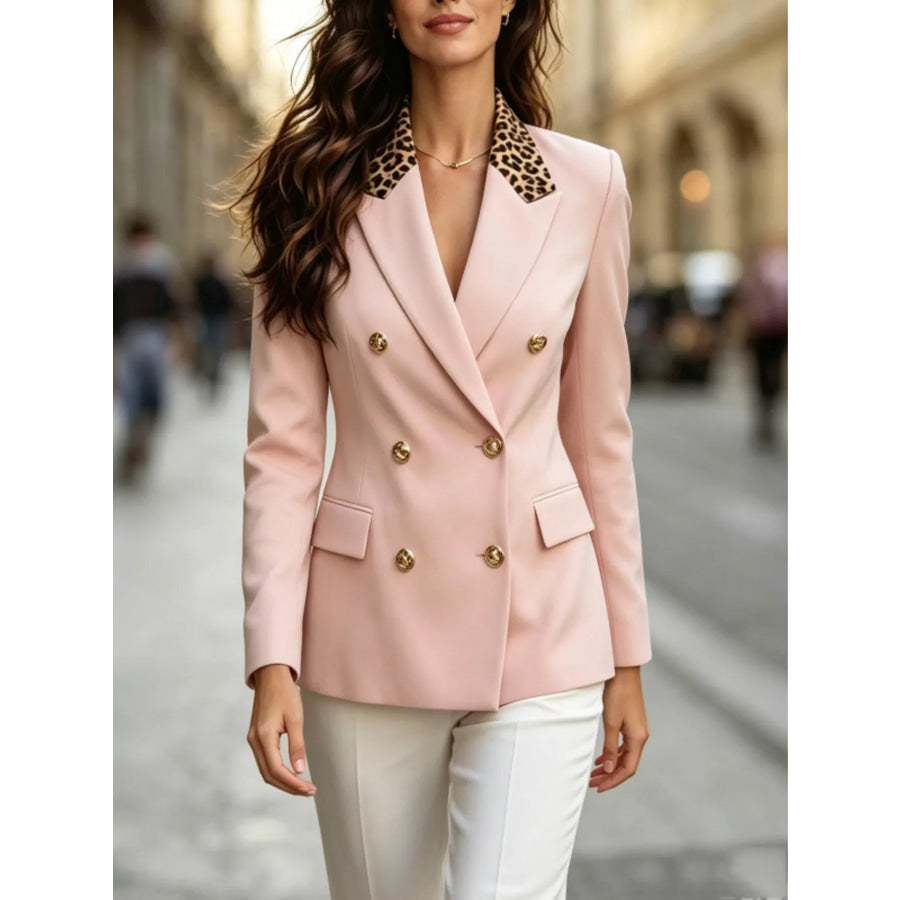 Double-Breasted Blazer with Leopard Print Lapel Pale Blush / S Apparel and Accessories