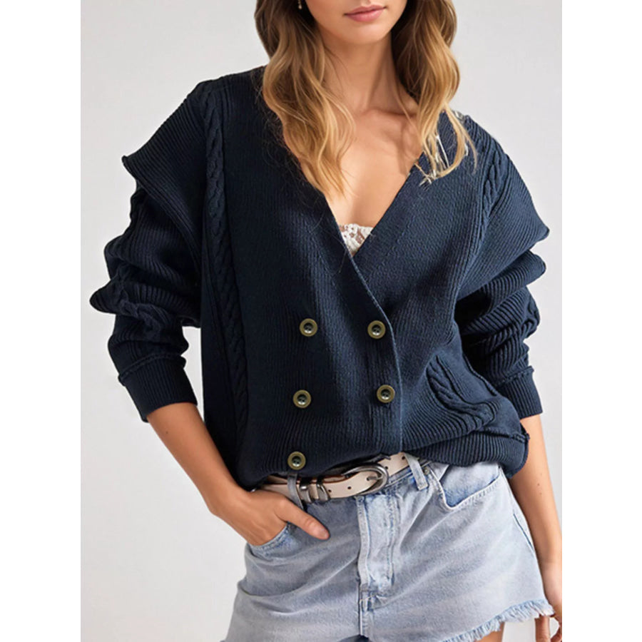 Double-Breasted Cable Knit Cardigan Dark Blue / S Apparel and Accessories