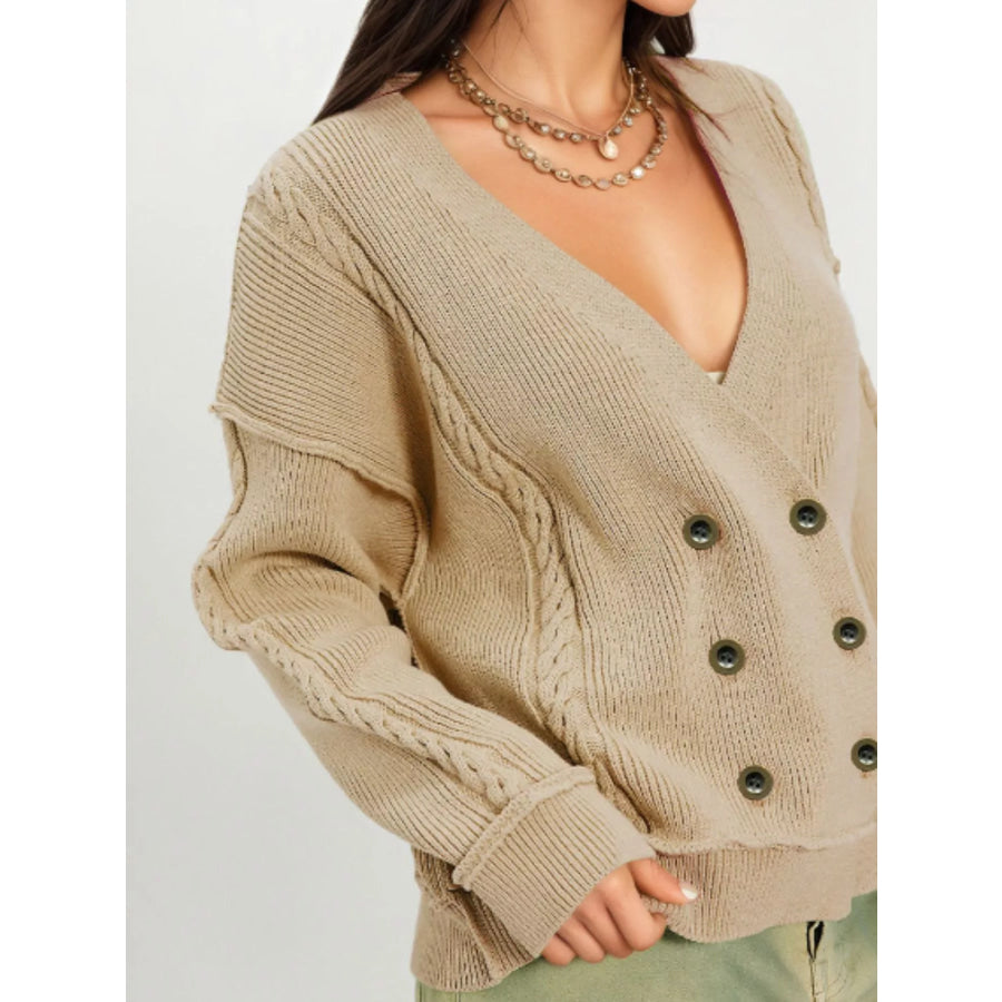 Double-Breasted Cable Knit Cardigan Khaki / S Apparel and Accessories