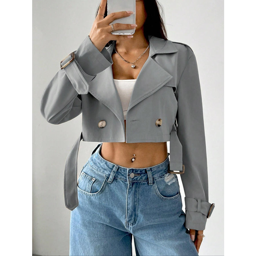 Double-Breasted Cropped Outerwear Gray / XS Apparel and Accessories