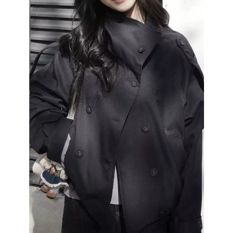 Double-Breasted Cropped Trench Jacket Black / S Apparel and Accessories