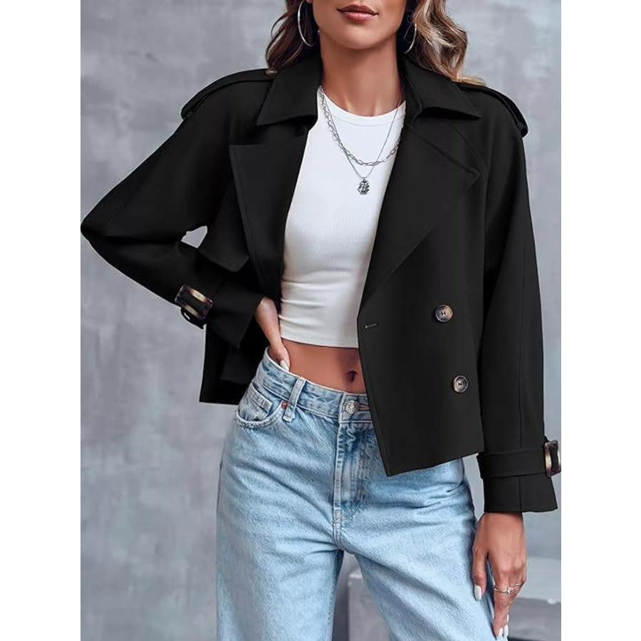 Double-Breasted Cropped Trench Outerwear Black / S Apparel and Accessories