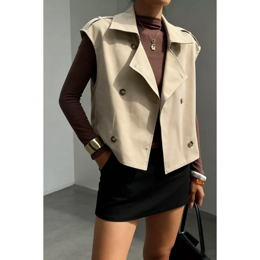 Double-Breasted Cropped Trench Vest Coat Beige / S Apparel and Accessories