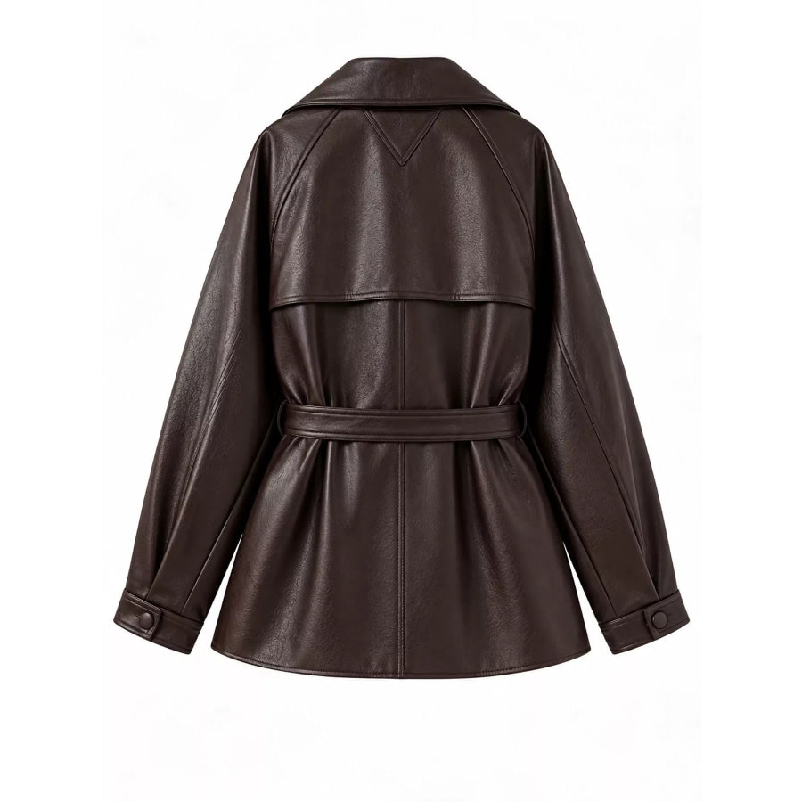 Double-Breasted Faux Leather Belted Jacket Apparel and Accessories