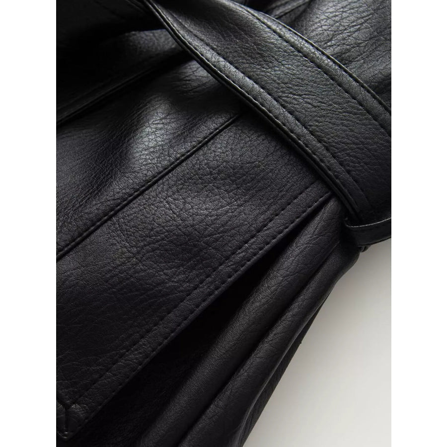 Double-Breasted Faux Leather Belted Jacket Apparel and Accessories
