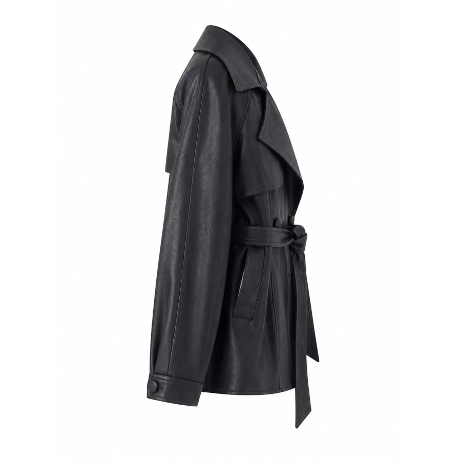 Double-Breasted Faux Leather Belted Jacket Apparel and Accessories