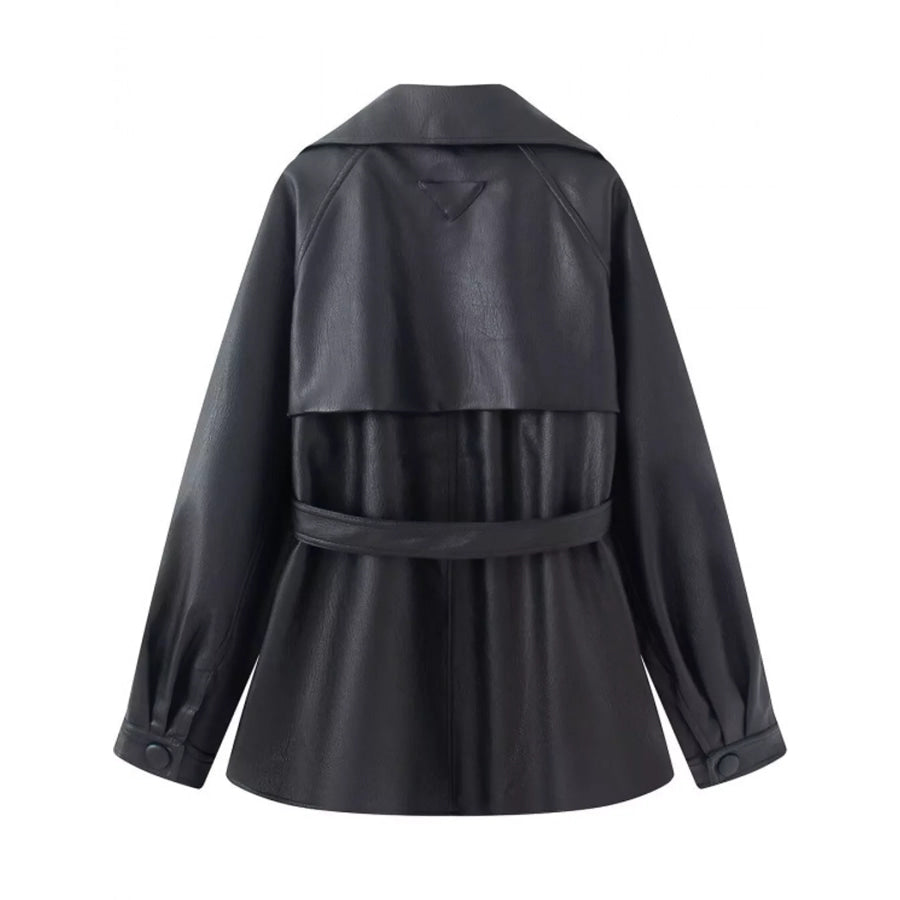 Double-Breasted Faux Leather Belted Jacket Apparel and Accessories