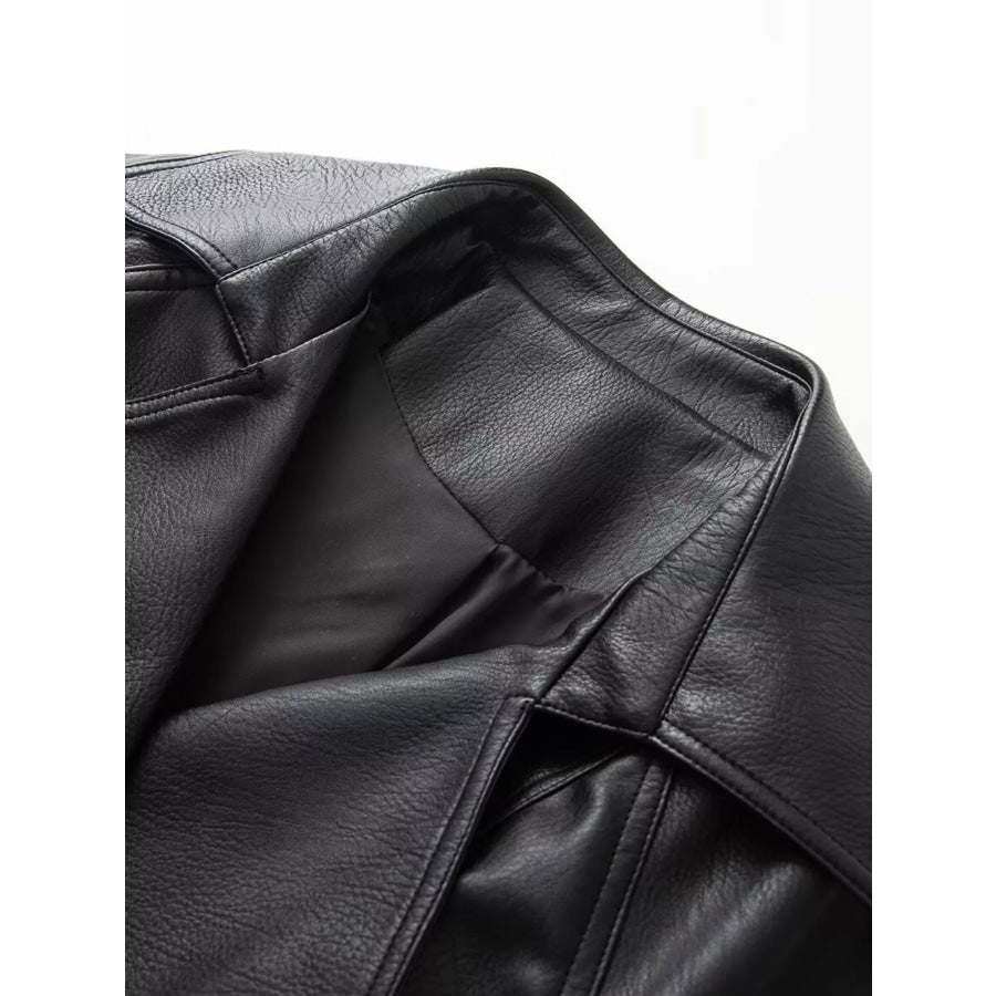 Double-Breasted Faux Leather Belted Jacket Apparel and Accessories