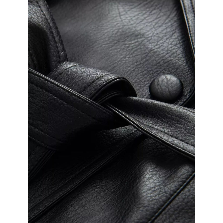 Double-Breasted Faux Leather Belted Jacket Apparel and Accessories