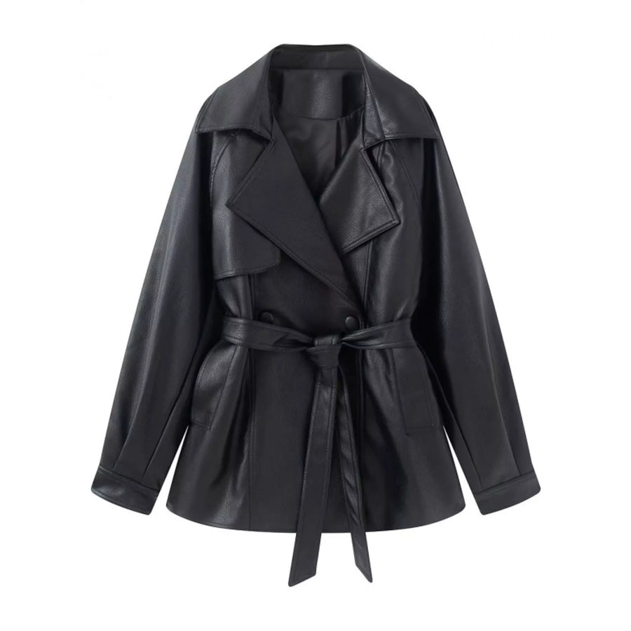 Double-Breasted Faux Leather Belted Jacket Black / XS Apparel and Accessories